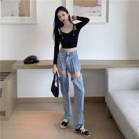 Jeans Womens Straight Loose High Waist Slim Pants Thin Design Detachable Shorts