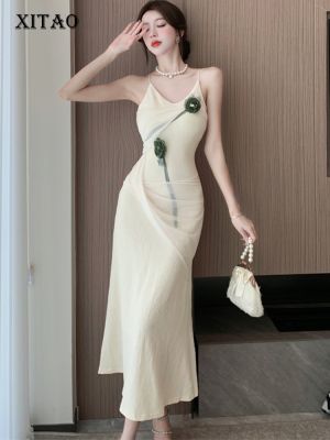 XITAO Dress Sexy Slim Mesh Flower Sling Dress