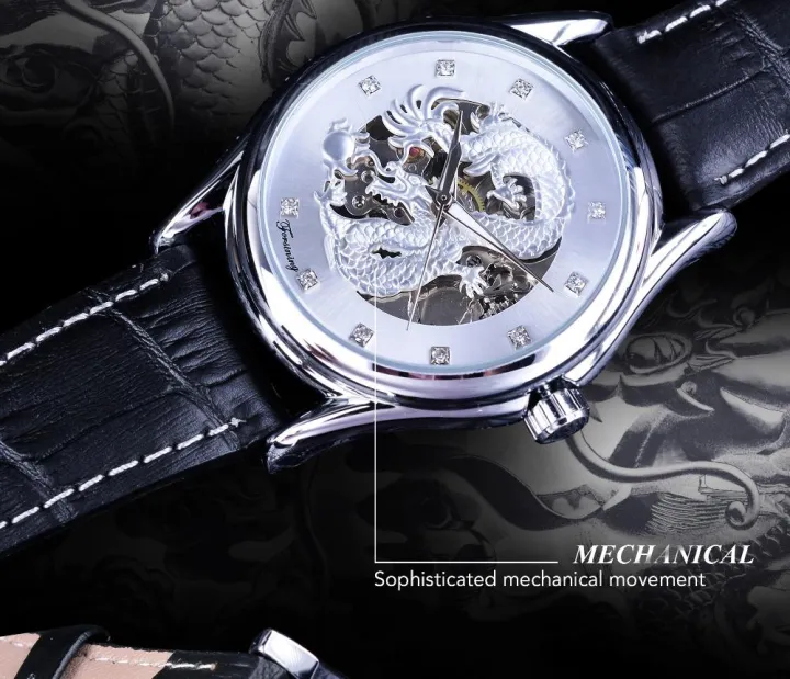 นาฬิกาข้อมือนาฬิกา-forsining-แบรนด์หรูของบุรุษอัตโนมัติสีขาวลายมังกรจีนสายหนังแท้สีดำ
