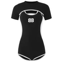 Short Sleeve Swimsuit Womens One Piece Sexy Swimwear Korean Classic Black White Push UP Hollow Bathing Suit Hot Spring Sports