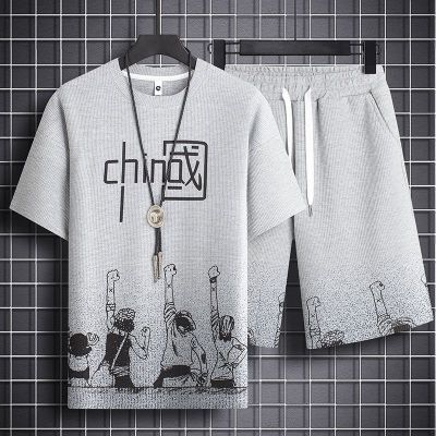 【Ready】🌈 Waffle short-sed t- mens summer ice silk th y loose casl -mat sports suit