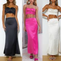 【LZ】⊙✽  Y2K Suspensórios Top de Colheita e Maxi Saia Conjunto 2 Peças Sexy Vintage Slip Bandeau Saia Longa Strass Strap Cocktail Party Dress