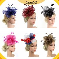 CHONGXI มีสไตล์ หมวกยอดนิยม fascinators งานแต่งงาน ที่คาดผมตาข่ายดอกไม้ งานเลี้ยงน้ำชาค็อกเทล หมวกกันน็อก ที่คาดผมดอกไม้ขนนก หมวก fascinator