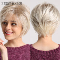 HENRY MARGU Short Ombre Brown Platinum Blonde Wigs Straight Natural Hair Synthetic Wigs for White Women Heat Resistant Daily