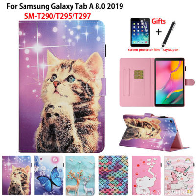 SM-T290สำหรับ Samsung Galaxy Tab A 8.0 2019กรณี SM-T295 T290 T295 T297การ์ตูนแมวน่ารักผีเสื้อขาตั้ง + ของขวัญ