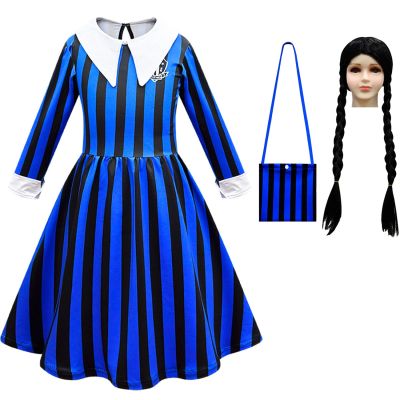 ☏☜ Kids Disguise Wednesday Addams Cosplay Dress and Wig Bag Set Girls Halloween Costumes Carnival Gothic Black Birthday Clothing