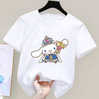 ผ้าฝ้าย Sanrio Kawaii Cinnamoroll สาวการ์ตูนแขนสั้นเสื้อยืดฤดูร้อนรูปแบบใหม่กลางและขนาดใหญ่เด็กเก๋ด้านบน Y2k