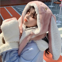 Sweet Cartoon Rabbit Ear Hat Cute Winter Gift Windproof Scarf and Gloves Set Cute Winter Thick Hoodies Scarf with Mitten