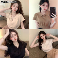 MAOZHUXIA  เสื้อยืดคอปกแบบเรียบง่ายสำหรับผู้หญิง,เสื้อสเวตเตอร์ตัวสั้นทรงสลิมฟิตใส่สบายใช้ได้หลายโอกาส