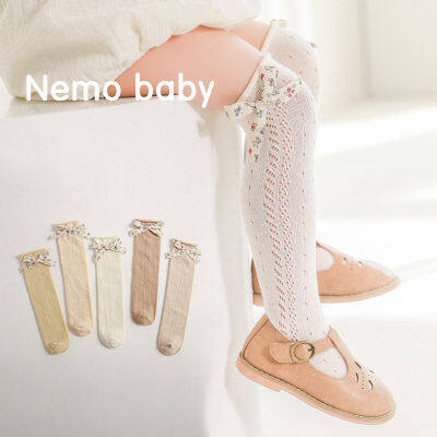 【cw】2022 Spring and Summer Spanish Moving Circle Hollow Mesh Floral Bow Princess Socks Combed Cotton Girls Stockings ！