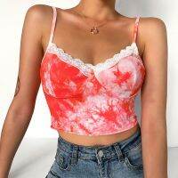 Women Sleeveless Tie Dye Top Sexy Crop Tops Summer Spaghetti Strap Lace Short Camis Women Casual Tank Tops Vest Cute Crop Tee