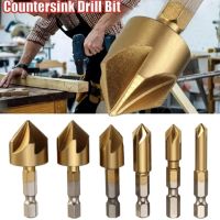 ดอกสว่านบิตอุปกรณ์เครื่องมือไฟฟ้า 6 ชิ้น 5 ขลุ่ยไฮสปีด Countersink ขูดสว่าน 1/4 HEX S hank ไทเทเนียมเคลือบแกนไม้