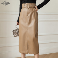 Square Buckle Belt Mid-length High Waist Skirts Solid Pocket A-line Straight Split Pencil Skirt Hip-wrap PU Leather Skirts 17098