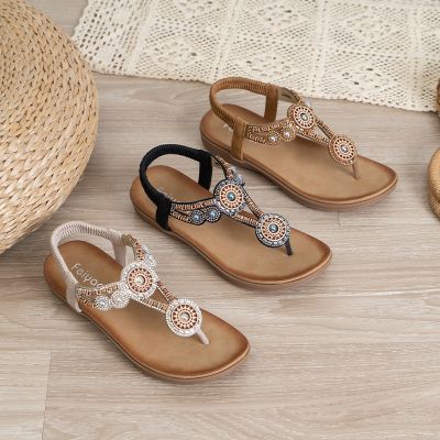 Amazons 2022 new Bohemia beach beaded large size flat-bottomed flip-flops national wind restoring ancient ways womens sandals