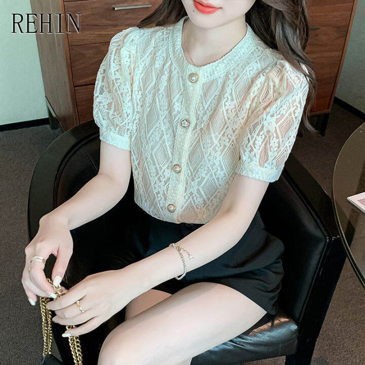 rehin-women-s-top-summer-new-textural-feel-short-sleeved-shirt-lace-hollow-blouse