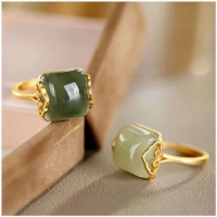 S925ฝังด้วย Jadeite น้ำแข็งเปิดแหวนสไตล์โบราณอุปกรณ์เสริมกี่เพ้า Hanfu ผู้หญิง