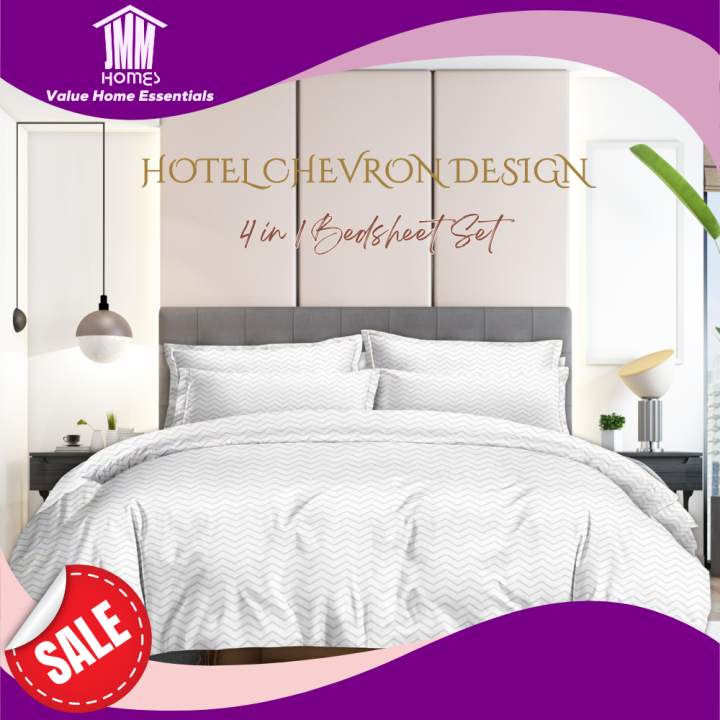 JMM HOMES 4 in 1 Hotel Quality Cotton White Bedsheet Set Chevron