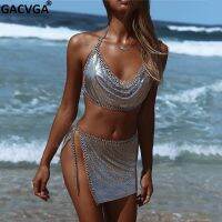 GACVGA โลหะชายหาดพืชยอดนิยมและกระโปรงชุดวันหยุดออกกำลังกายเสื้อยืดผู้หญิงฤดูร้อนท็อปส์ประดับด้วยเลื่อมชุดชุดตัด Feminino