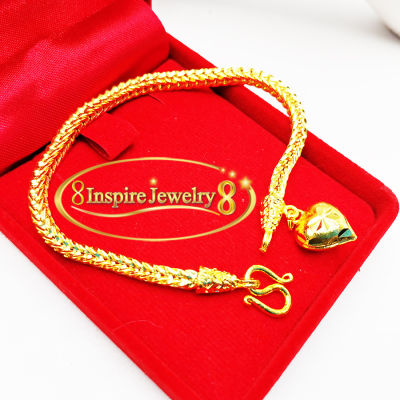Inspire Jewelry ,สร้อยข้อมือลายสี่เสา ห้อยหัวใจทองตอกลาย ยาว 17cm. เส้นขนาด 1 บาท พร้อมถุงกำมะหยี่
