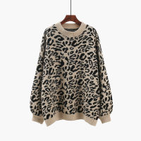 Retro Leopard Print Women Sweater Set O Neck Pullover Jumper Top Knitted Elastic Waist Shorts 2 Pcs Set Winter Pullover