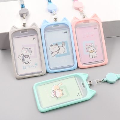 [LWF HOT]✎▩ 1PC Cute Cartoon Cat Card Holder Bank Identity Bus ID Card Holder Case with Retractable Reel Lanyard Credit Cover Case Kids Gift