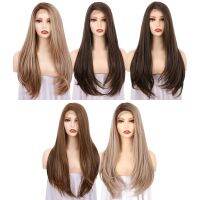 【Bassalife】24นิ้ว Kanekalon Fiber Straight Lace Front Wig - Glueless Side Part Dark Root Wigs For Women