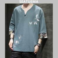 SEATUEMA เสื้อยืดจีนผู้ชายฤดูร้อนบวกขนาดวินเทจผ้าฝ้ายป่านแขนสั้น