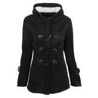 [COD] European and Cotton Clothing Large Size Womens Mid-length Hooded Blended Horn Leather Buckle Coat