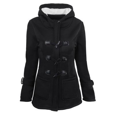 [COD] European and Cotton Clothing Large Size Womens Mid-length Hooded Blended Horn Leather Buckle Coat