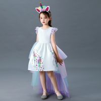 ❖☜✾ Foreign Trade Girls Princess Dress Halloween Unicorn Dress Rainbow Cake Mesh Skirt Detachable Costume