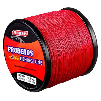 1-2วัน(ส่งไวมากแม่) 300 เมตร สาย PE ถัก 4 สีแดง เหนียว ทน ยาว -  Fishing line wire Proberos - Red 【Super Thailand】