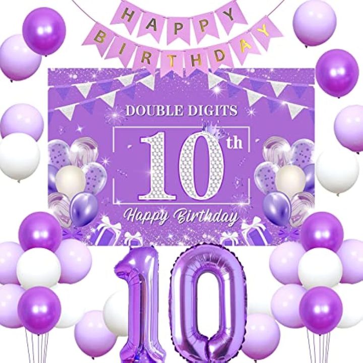 Chúc mừng trang trí sinh nhật 10, Banner kỷ niệm hạnh phúc màu tím ...