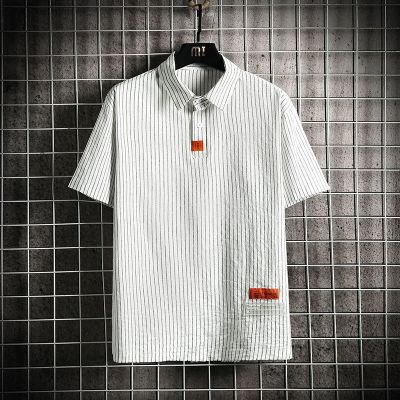 Original Vertical stripe tooling short-sleeved POLO shirt mens 2023 summer new plus fat XL fat loose lapel half sleeves