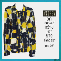 USED Anthem - Yellow Graphic Ruffle Top | เสื้อแขนยาวสีเหลือง สีดำ เสื้อคอปก ลายกราฟฟิก ระบาย ทำงาน สาวอวบ แท้ มือสอง