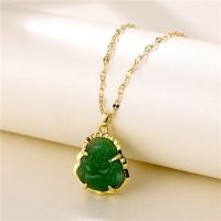 ZZOOI Green Buddha Pendant Titanium Steel Necklace for Women Cross-Border New Arrival Big Belly Maitreya Korean Fashion Chalcedony