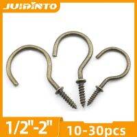 JUIDINTO 10-30pcs Bronze Cup Hook Screws 1/2"-2" Screw-in Hook Ceiling Tapping Screw Hook Carbon Steel Copper Plated Screw Nut Drivers