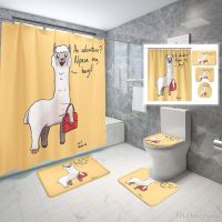 Bernicl 4 Pcs Cartoon Alpaca Shower Curtain Sets with Toilet Lid Cover and Bath Mat Child Drawing Waterproof Bathroom Decor