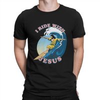 Men T-Shirt I Ride With Jesus Surfing Funny 100% Cotton Tees Short Sleeve Jesus God T Shirt Crew Neck Tops Summer