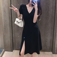 Big size womens 2021 new heart machine V collar open fork French small black skirt fat mm age thin dress summer