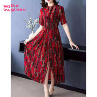 Rui green Woman Dress Short Sleeves and High Waist Costume Printing Slit Long Dress