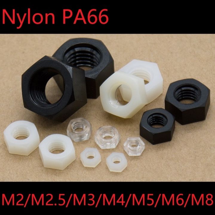 10pcs-plastic-hex-nuts-m2-m2-5-m3-m4-m5-m6-m8-nylon-pa66-heat-insulation-hexagon-lock-nut-thread-bolt-cap-black-white-clear