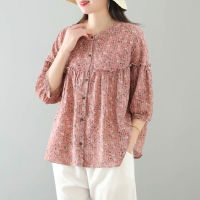 Floral Shirt ladies 3/4 Sleeve Plus Size Womens Fashion Clothing New Stand-up Collar Top Shirt