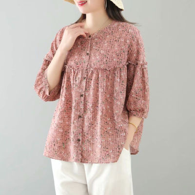 Floral Shirt ladies 3/4 Sleeve Plus Size Womens Fashion Clothing New Stand-up Collar Top Shirt
