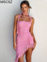 Halter Neck Ruffle Mini Dress Pink Strapless Asymmetrical Bodycon Summer Dress Elegant Party Dress For Women 2023