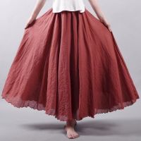 2023 Autumn High Quality Cotton Linen Maxi Skirt Womens New Casual Elastic High Waist Pleated A-Line Beach Skirts Feminina Jupe