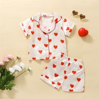 EWODOS Kids Girls Summer Pajama Sets Heart Print Turn-Down Collar Short Sleeve Tops + Elastic Waist Shorts 2Pcs Suit Outfits Set