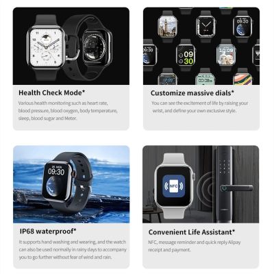 นาฬิกาผู้หญิง9สมาร์ทวอท์ช,สมาร์ทวอทช์8ตัววัดระดับน้ำตาลในเลือดและอุณหภูมิของร่างกายโทรด้วย BT NFC AOD สำหรับฟิตเนสผู้ชายเหมาะสำหรับ Apple