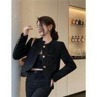 Coat Womens Single-Breasted Woolen 2021 New Black Short round Neck Suit Top