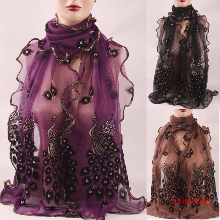shipiaoya-ผ้าคลุมไหล่ลายนกยูงเก๋ใหม่ผู้หญิงผ้าคลุมไหล่สุดเก๋วินเทจผ้าพันคอผ้าพันคอนิ่มยาว