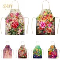 □◄ Floral Pattern Color Kitchen Apron Cooking Cotton Linen Stain Resistant Decorative Accessories Chef Waterproof Aprons Cleaning